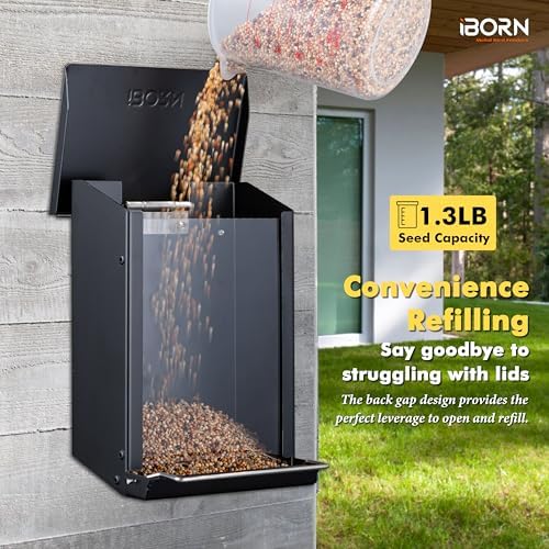 iBorn Bird Feeder for Outdoors, Wall Mounted Bird Feeder Weatherproof Metal Roof, Heavy Duty Metal Birdfeeder for Tree, Fence, Wall Screwed-in Mounting, All Detachable Easy Clean,1.3Lbs, Black