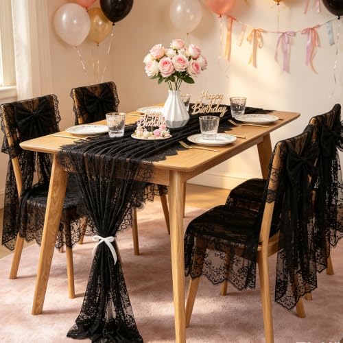 Black Lace Table Runner Fabric 6Pcs 30 x 120 Inch Rustic Vintage Kitchen