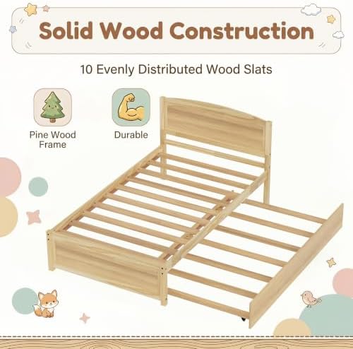 Daybed with Trundle, Twin Size Pull Out Bed, Solid Wood Extendable Day Bed with Trundle, Include Slat Support (Natural, Trundle)