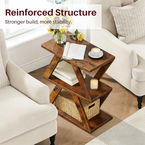 Set of 2 Side Table, 3 Tier Side Table with Side Guard Rails & Anti-Slip Pads, Narrow End Table for Small Spaces, Slim Nightstand with Storage Shelves for Bedroom, Living Room, Rustic Brown