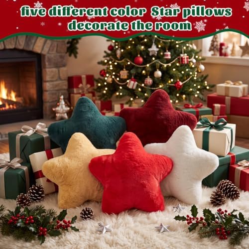 Soaoo 5 Pcs Star Fluffy Pillow Star Shape Pillow, Christmas Classic