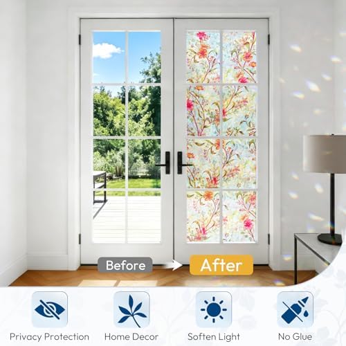 rabbitgoo Stained Glass Window Privacy Film, Cosmos Floral, 23.6" x 157.4"