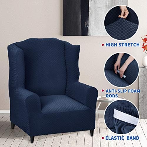 MAXIJIN Wingback Chair Covers 1-Piece Stretch Wing Chair Covers Soft Thick Wingback Armchair Slipcover Non-Slip High Back Chair Furniture Protector Washable (Wing Chair, Navy Blue)