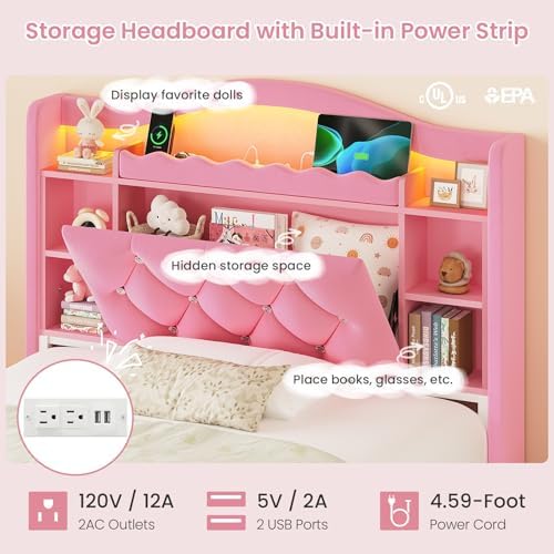 DICTAC Twin Size Bed Frame for Girls with Storage Drawers, Bookcase Headboard, LED Lights and Power Outlets, Diamond Tufted Velvet Upholstered Princess Platform Bed, Heavy-Duty Metal Support, Pink