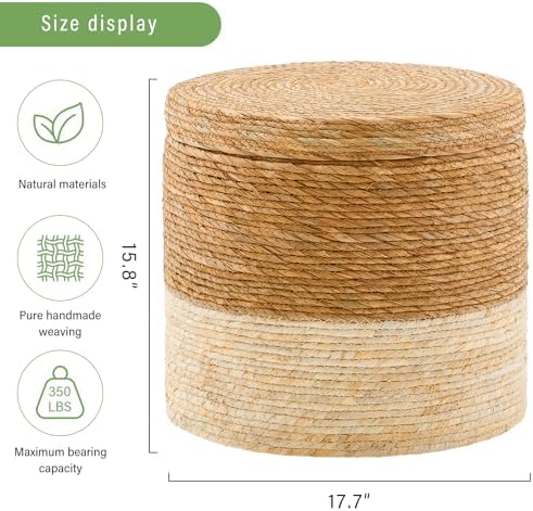 18'' Boho Pouf Storage Ottomans Natural Straw Rustic Handmade Lounge Pouffe