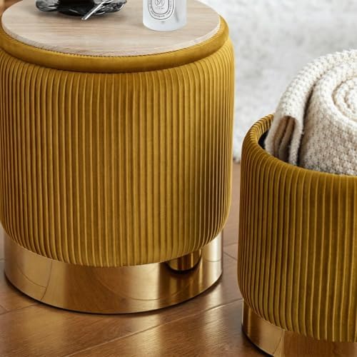 Round Ottoman with Storage, Yellow Velvet, Set of 2