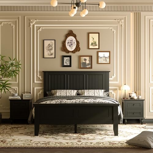 Wood Full Size Headboard Only with Farmhouse Style, Wall-Mounted , Black