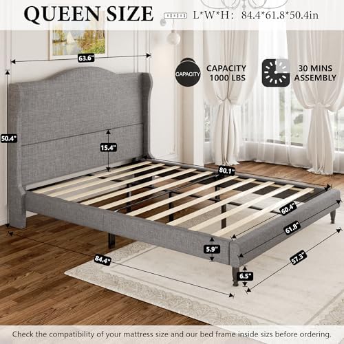 Queen Size 50.4'' Upholstered Tall Headboard Bed Frame, Light Grey