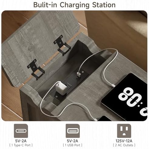 ONBRILL Farmhouse End Table with Charging Station,Grey