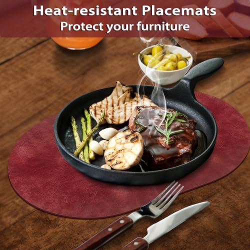 ADRIMER Oval Placemats Set of 8, Wipeable Faux Leather, Wine Red