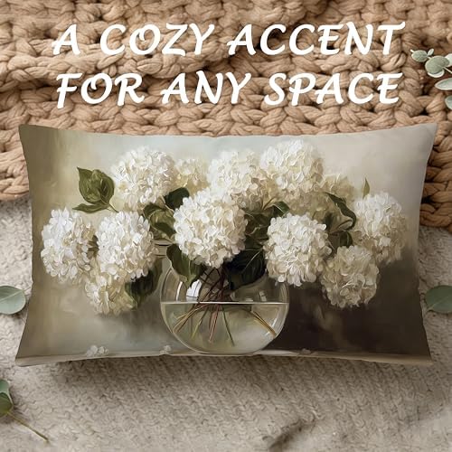 Vintage White Hydrangea Floral Pillow Cover 12x20, Country Farmhouse Neutral Floral Still Life Decorative Lumbar Pillow Cover for Couch Bed Living Room Bedroom