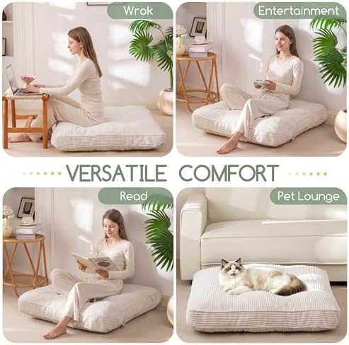 HIGOGOGO 35" Floor Pillow Cushion for Adults, Meditation Cushion Pillow, Extra Large Square Floor Sitting, Tufted Corduroy Cover for Tatami Living Room or Yoga, Beige