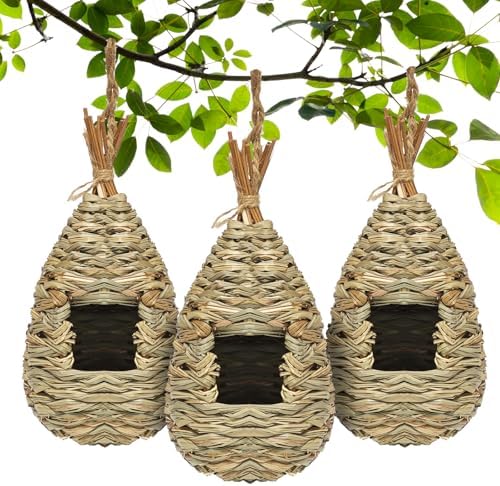 GUTE Hummingbird Houses 3Pcs Hand Woven Grass Hanging Bird Nest