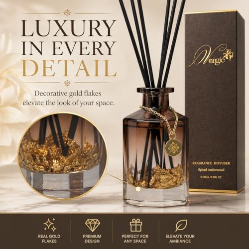 VANGIE Luxury Reed Diffuser for Home | Spiced Amberwood Warm & Woody Scent | Elegant Glass Bottle with Gold Flakes | Long-Lasting, Vegan | Bedroom, Living Room & Office