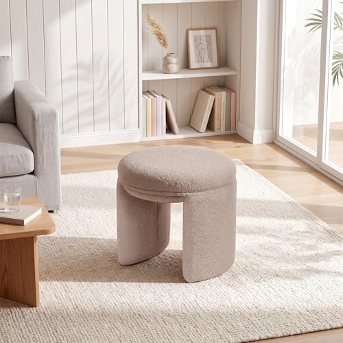 Boucle Ottoman, Round Sherpa Vanity Stool Chair, 17" Small Upholstered Modern Teddy Footstool for Makeup, Living Room, Entryway, Bedroom, Dark Beige