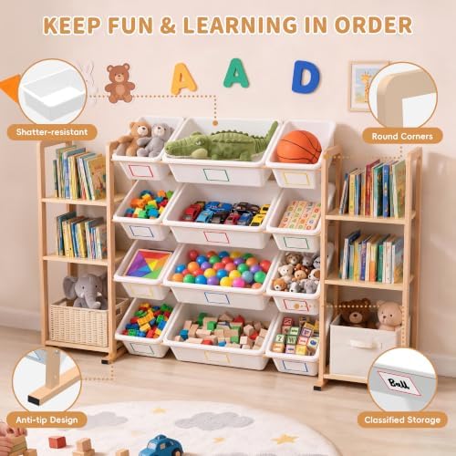 Toy Storage Organizer with 6 Shelves and 12 Removable Storage Bins, Bookshelf/Bookcase, Kids Bin Shelf, Toys Box for Playroom Organization for Bedroom & Room
