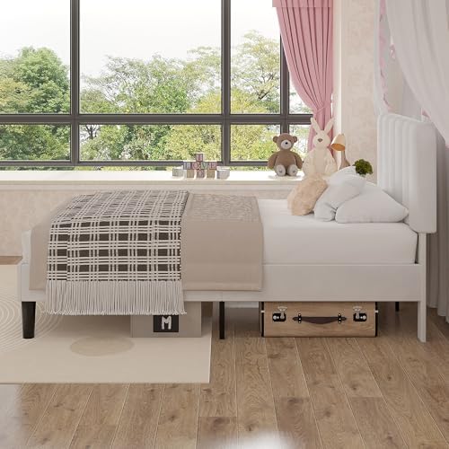 VECELO Twin Size Bed Frame with Upholstered Headboard, Velvet Platform Bedframe Mattress Foundation, Strong Wood Slat Support, No Box Spring Needed,White