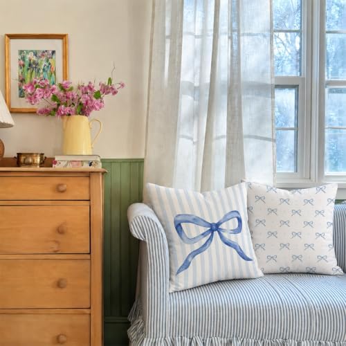 Blue Coquette Bow Pillow Covers 18x18 Set of 2, Preppy Room Decor