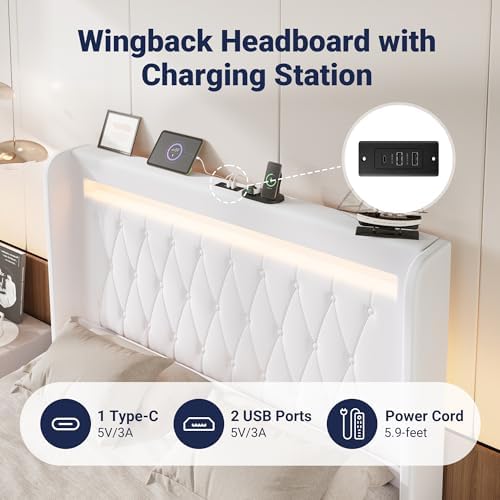 Allewie Full Size Upholstered Bed Frame with LED & Charging Station, White