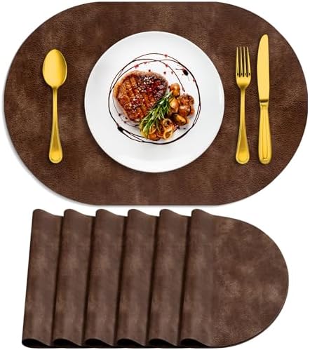 ADRIMER Oval Placemats Set of 6, Wipeable Faux Leather, Brown