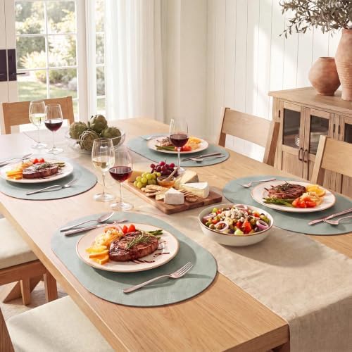 MOSAYT Vinyl Faux Leather Oval Placemats, Set of 6, Green