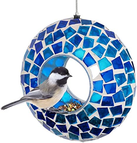 Sunnydaze Mosaic Glass Bird Feeder for Outdoors, Blue Mosaic