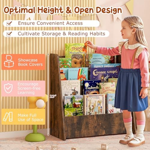 Costzon 5-Tier Kids Bookshelf, Wooden Children Bookcase, Toddler Book Rack, Magazine Storage & Display Shelf, Book Shelf for Kids Room, Living Room, Nursery, Classroom (Brown, 4 Tier)