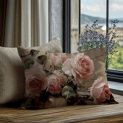 Vintage Pink Rose Floral Throw Pillow Covers Decor 12x20 Inch