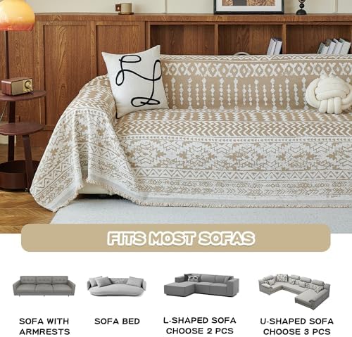MEETSKY Boho Couch Cover Sofa Slipcover for Sectional Sofa Covers Protector Universal Use Chenille Blend Thick Fabric Washable, Modern Design Sofa Throw Cover for Living Room, 71" x 118", Khaki