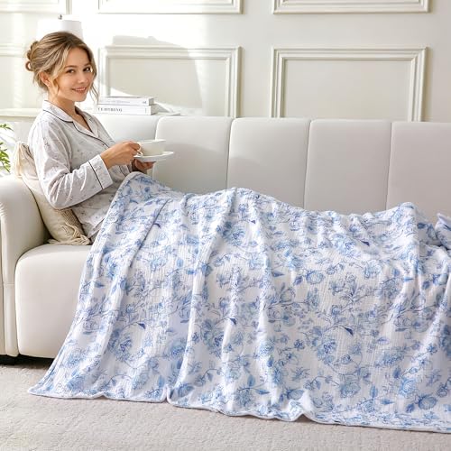 Muslin Blankets for Adults Reversible Throw Fleece & Gauze, Soft Cozy Lightweight Breathable Blue Floral Blanket for Bed Couch, Double Layer Muslin Throw Cover 90"x108"