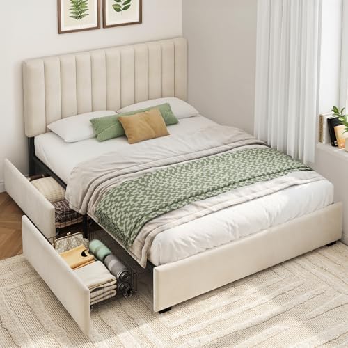 Welzona Full Size Upholstered Bed Frame with Headboard & 2 Drawers, White