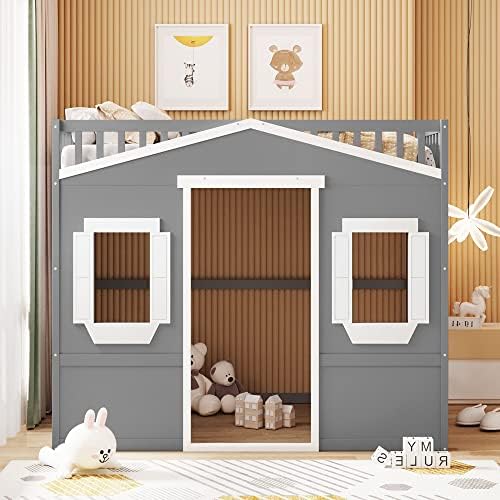 Full Size Wood Loft Bed, House Bed Frame with Ladder and Safety Guardrails for Kids, No Box Spring Needed, Gray+White