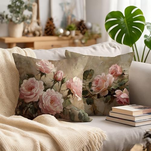 Vintage Pink Rose Floral Rectangle Pillow Throw Cover 18x18 Decor, Shabby Chic Rustic Cottagecore Decorative Throw Pillow Covers Double-Sided Set of 2
