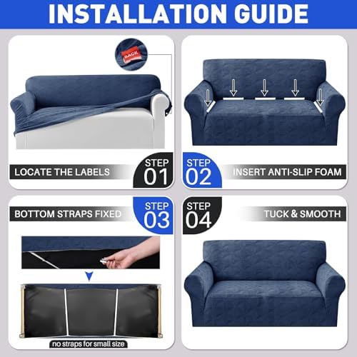 YEMYHOM 1 Piece Stretch Couch Covers for 2 Cushion Couch, Jacquard Loveseat Cover with Non-Slip Elastic Bottom, Thickened Slipcover Furniture Protector for Dogs Pets (Medium, Navy）
