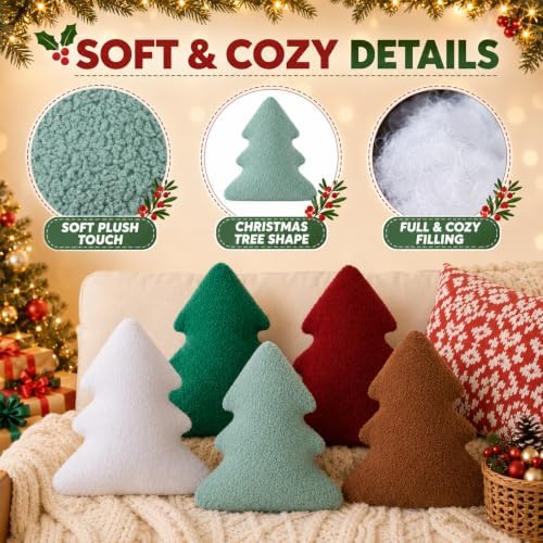 Cumule 5 Pcs Christmas Throw Pillows Cute Xmas Tree Shaped Plush Pillow for Christmas Winter Holiday Party Outdoor Bedroom Cushion Decoration