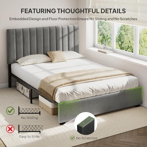 Welzona Full Size Velvet Upholstered Bed Frame with Tufted Headboard, Grey