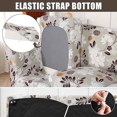 SearchI Stretch Sofa Cover Printed Couch Covers, Floral Pattern 2 Piece Armchair Slipcover with Separate Chair Cushion Cover, Washable Furniture Protector for Living Room(Armchair, Brown Flowers)