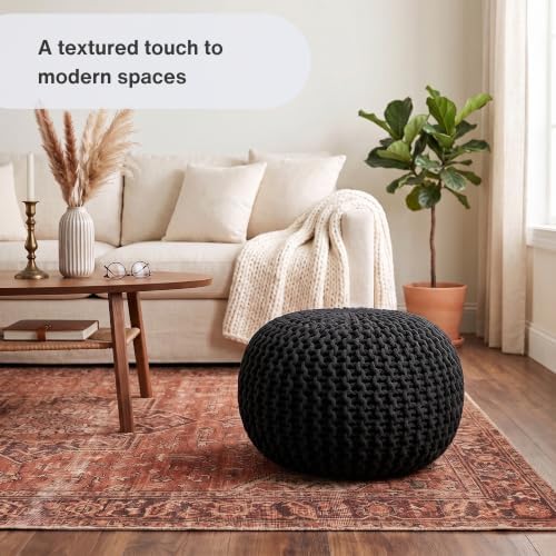 · REDEARTH · Round Pouf Ottoman - Hand Knitted Boho Poof Footrest- Black