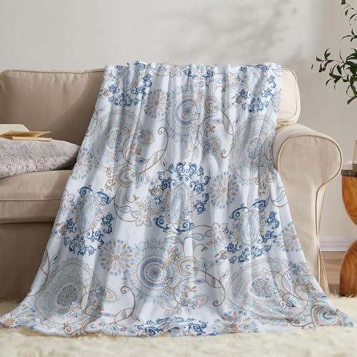 Neasow Teal Fleece Throw Blanket, Light Blue Paisley Design Floral Cozy Decor Nap Blankets for Sofa Bed Couch Chair or Dorm Throws 40×50 inches