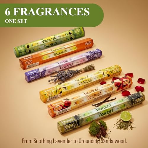 Tulasi Incense Sticks with Natural Oils Set of 6 Fragrances (120 Sticks) Hand Rolled Incense Sticks, Calming Home Aromatherapy, Meditation, Relaxing, Mixed Scents with Natural Oil