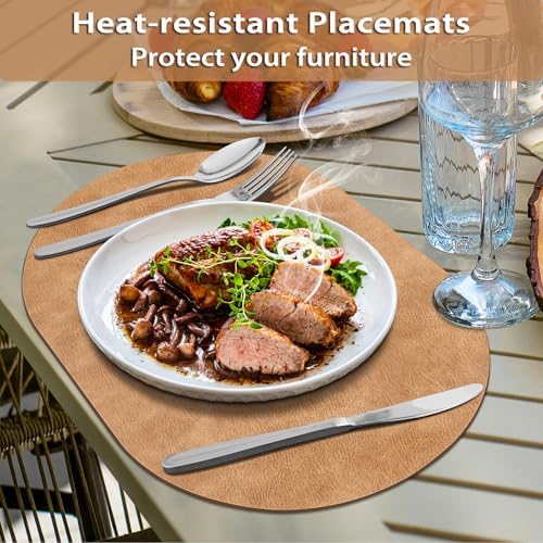 ADRIMER Oval Placemats Set of 6, Wipeable Faux Leather, Camel