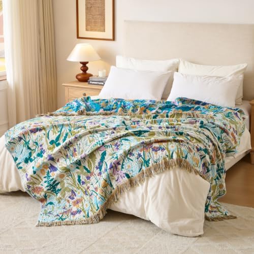 Boho Throw Blanket, 100% Soft Cotton Floral Quilt, Twin 60"x 80"
