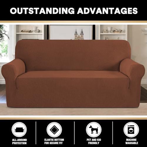 PrinceDeco Stretch Sofa Cover Slipcover 1-Piece, Spandex Jacquard Fabric Universal Couch Cover for 3 Cushion, Washable Non Slip Sofa Cover, Pet Friendly (Sofa 74" - 88", Caramel)