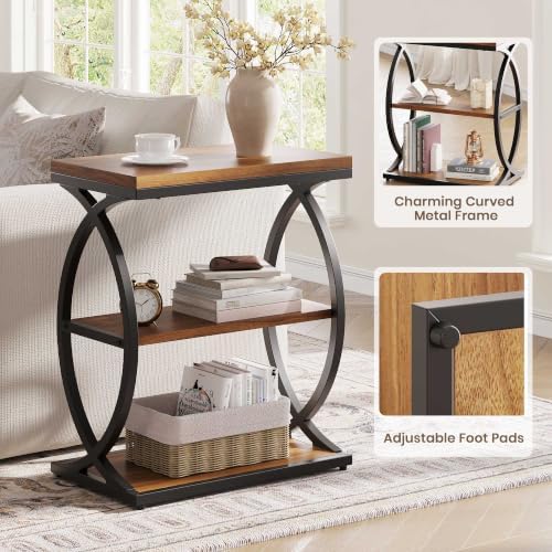 Vabches Narrow Side Table with Storage Shelf,3-Tier End Table with Artistic Curved Metal Frame,Industrial Bedside Tables for Small Space,Living Room,Bedroom,Home Decor,Walnut & Black