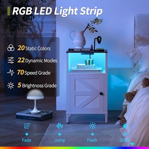 Yoobure Farmhouse Nightstand with Charging Station, Night Stand Barn Door
