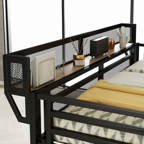 KEIKI Full Size Metal Loft Bed Frame with Desk, Staircase, Built-in Storage Shelves and Wardrobe, Modern Loft Bed with Solid Slats, Guardrail, No Box Spring Required, Easy Assembly, for Bedroom, Black