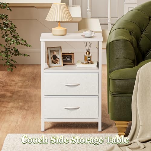 Huuger Night Stand Set of 2, Nightstand with 2 Drawers, Bed Side Table with Open Shelf, Wooden Top, End Table, PU Leather Fabric Drawer Surface, for Bedroom, White