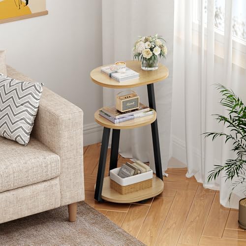 Kalrin Side Table, Small End Table with Metal Frame, 3-Tier Bedside Tables, Round Side Tables for Living Room Bedroom Couch Bathroom, Oval, Modern Oak