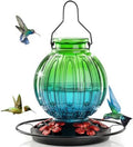 Glass Hummingbird Feeder for Outdoors Hanging, Bird Nectar Feeder with Perch & 5 Flower Feeding Ports, 26 Oz Leak Proof for Outside Garden Decor Backyard, Gifts for Women Mom, Green & Blue