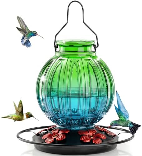 Glass Hummingbird Feeder for Outdoors Hanging, Bird Nectar Feeder with Perch & 5 Flower Feeding Ports, 26 Oz Leak Proof for Outside Garden Decor Backyard, Gifts for Women Mom, Green & Blue
